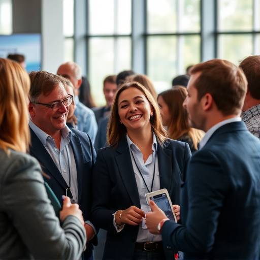 Fotografia de um evento corporativo com pessoas interagindo e sorrindo